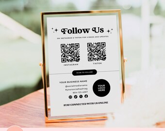 Follow Us QR Code Sign Template, Editable Canva Social Media Sign, Connect With Us Printable for Small Business Pop Up, Front Desk Signage