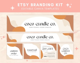 Könnte beinhalten: Branding-Kit für Etsy-Shops, die Kerzen verkaufen. Das Kit enthält editierbare Canva-Vorlagen mit einer modernen Ästhetik, die abstrakte Formen in Braun und Beige aufweist. Der Text "coco candle co." und "handgemachte vegane Kerzen" ist auf den Vorlagen zu sehen. Weitere Vorlagen beinhalten "Sonderanfertigung", "Reserviert", "20% Rabatt" und "coco candle co."