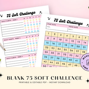 75 Soft Challenge Template Editable - Fillable Printable for Weight Loss Tracking, Fitness Journal, Goal Setting, Workout Planner