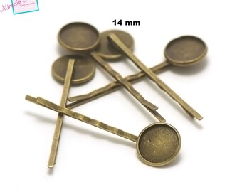 10 hairpins with cabochon setting, 14 mm, silver/bronze