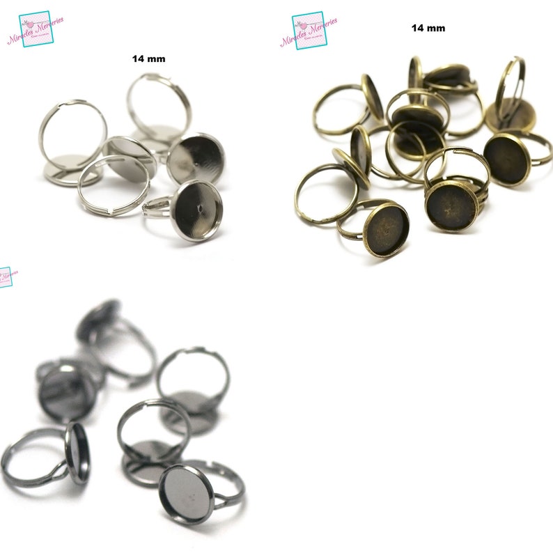 10 supports cabochons bague ronde 14 mm, argenté / bronze / gun-métal image 1