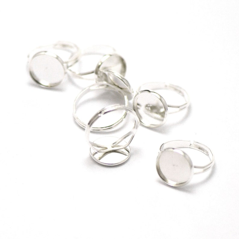 10 cabochon supports ring 12 mm, round, silver / light silver / gold / bronze / gun-metal Argenté clair
