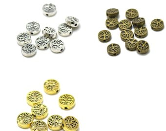 20 beads "round puck tree of life" 10x3 mm, silver/bronze/gold 121