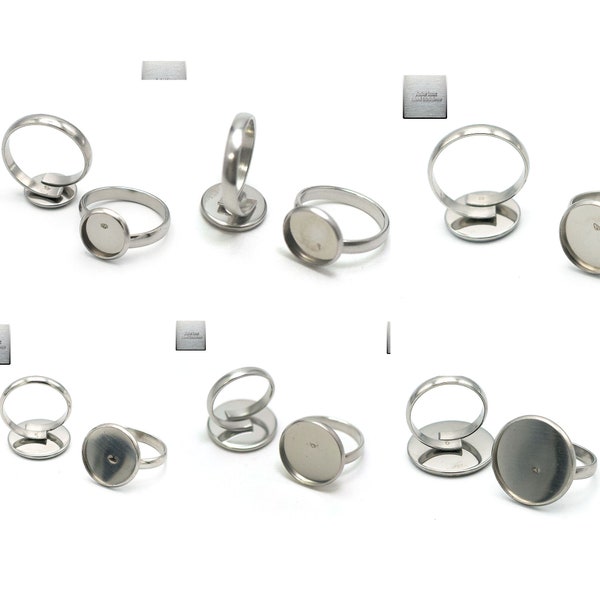 Acier inox: 2 bagues support cabochon ronde steel stainless, 10/12/14/16/18/20/25 mm