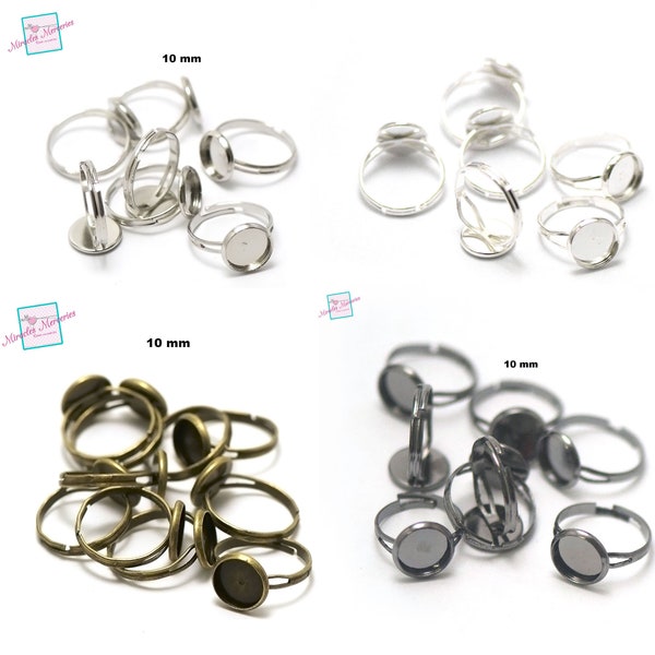 10 supports cabochons bague ronde 10 mm, argenté / argenté clair/ bronze/ gun-métal