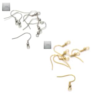 May include: A set of silver and gold earring hooks. The silver hooks are on the left and the gold hooks are on the right. The hooks are all the same size and shape. They are made of metal and have a small loop at the top. The hooks are perfect for making earrings.