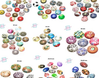 set of round/oval glass dome cabochons 14/16/18/20/25/30/35/25x18/30x20/40x30 mm, assorted patterns