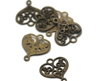 10 connectors "filigree heart", 20 x 18 mm, bronze