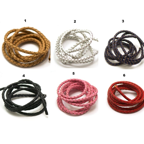 1 m de lanière cuir tressé véritable ronde 4 mm, 6 couleurs au choix