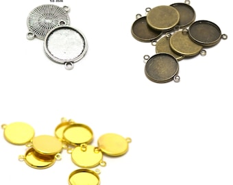 10 connecteurs supports cabochon "ronde 18 mm", argenté strié / doré / bronze