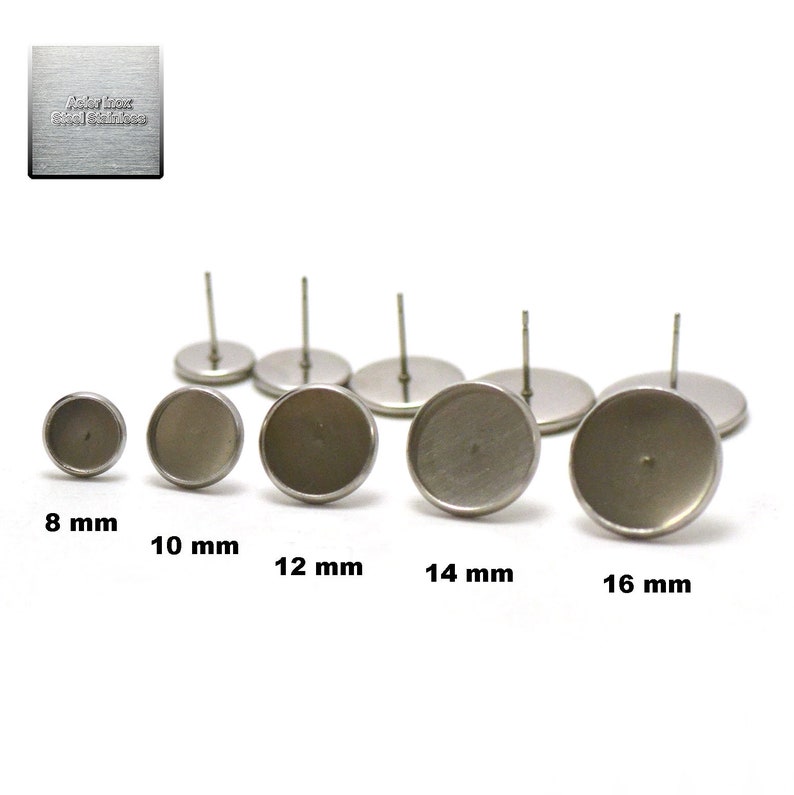 Acier inox: 10 puce d'oreille support cabochon 8/10/12/14/16 mm, steel stainless image 1