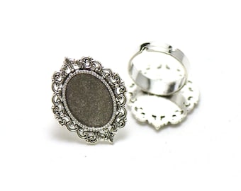 2 cabochons supports 18x13 mm oval "020" ring, silver