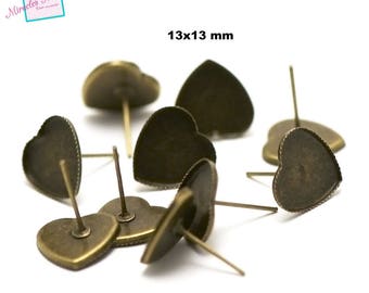 10 support cabochon 13 x 13 mm "heart" chip earrings, bronze