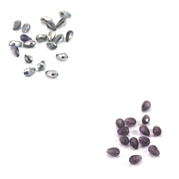 20 perles de cristal "petit goutte d'eau" 6x4 mm, argenté irisé / violet