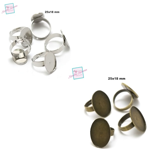 10 support cabochon bague ovale 25x18 mm "dent", argenté/bronze
