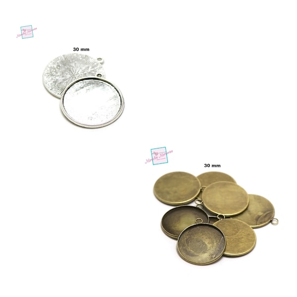 4 supports cabochon pendentif "ronde striée 30 mm", argenté / bronze