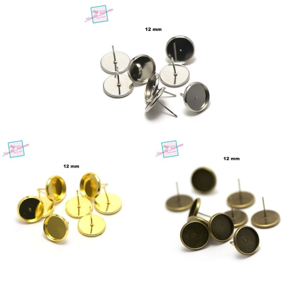 10 straight “round 12 mm” ear chip cabochon supports, silver / gold / bronze