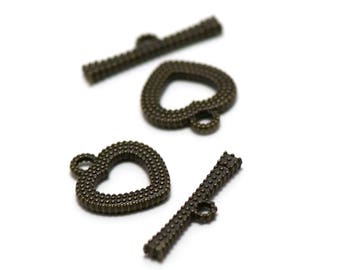 set 4 clasps toogles "studded heart" 21 x 18 mm, bronze