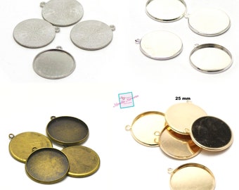 4 "round 25 mm" pendant cabochon supports, streaked silver / light silver / gold / bronze