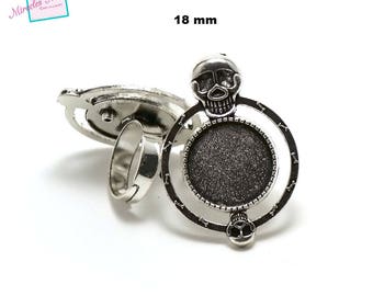 2 supports cabochons bague 18 mm ronde "004 tête de mort",argenté