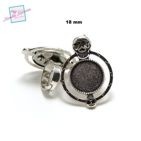 2 supports cabochons bague 18 mm ronde "004 tête de mort",argenté