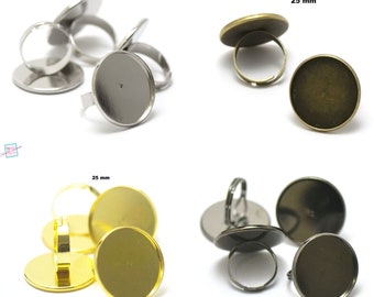 4 supports cabochons bague ronde 25 mm ronde, argenté/ bronze/ doré/gun-métal