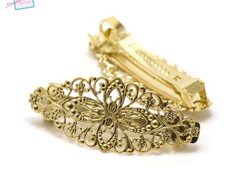 2 oval filigree hair clips/bars, 80x35x9 mm, light silver/bronze/gold