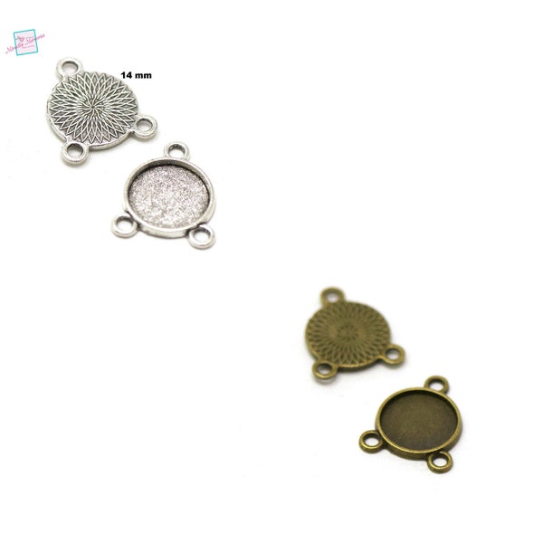10 round "3-hole" cabochon support connectors 14 mm, silver/bronze