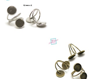 4 double cabochon support rings 12 mm round, silver / bronze