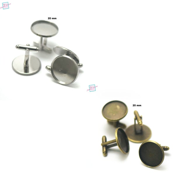 4 boutons de manchette supports cabochon "20 mm", argenté/bronze