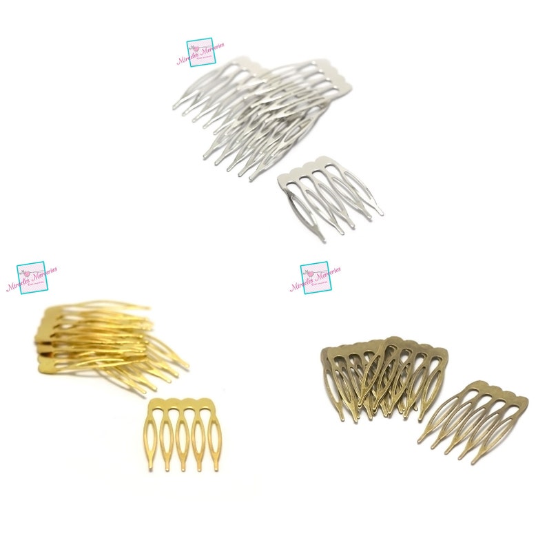May include: A set of three hair combs in silver, gold, and antique gold. Each comb has five teeth and a curved shape.