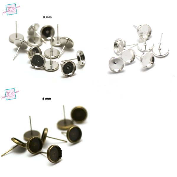 10 support cabochon "ronde"8 mm, boucle d'oreille puce, argent /argenté clair / bronze