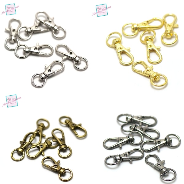 10 porte-clef/clé mousquetons pivotants , 32x12 mm, argenté / doré / bronze/ gun-métal