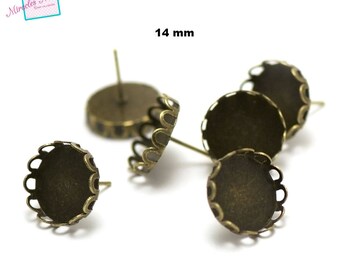 10 blank cabochon chip ear "14 mm round" lace, bronze