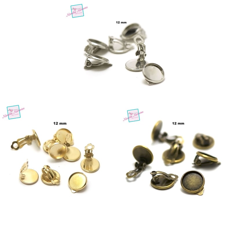 10 supports cabochon ronde 12 mm boucle d'oreille clip, argenté / doré / bronze image 1