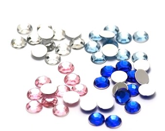 20 perles strass en verre à coller "dôme" 10 mm, bleu saphir / bleu ciel / transparent / rose / assortiment