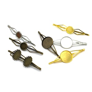 4 "eye" shaped hair clips/pins with cabochon settings, 12 mm and 20 mm, silver/gold/bronze