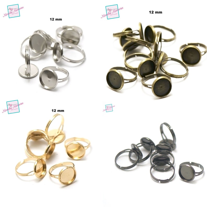 10 cabochon supports ring 12 mm, round, silver / light silver / gold / bronze / gun-metal image 1