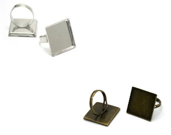 10 support cabochon bague carré 20x20 mm carré, argenté/bronze