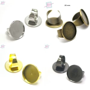 4 supports cabochons bague ronde 25 mm anneaux large, argenté/ bronze/ doré/ gun-métal image 1