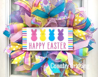 Happy Easter Wreath, Peeps Wreath, Easter Wreath for front door, Bunny Rabbit Wreath, Spring Wreath