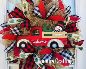 Christmas wreath, red truck wreath, red truck, farmhouse Christmas wreath, buffalo plaid wreath, winter wreath, snowman wreath