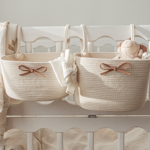 Crib hanging basket for baby, crib pocket organizer, newborn organizer, nursery storage basket, knitted crib basket, baby bed nursery decor
