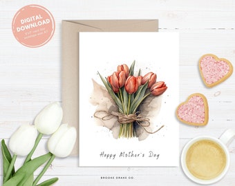 Happy Mothers Day Card, Printable Greeting Card, Instant Digital Download PDF, DIY Envelope, Watercolour Tulips, Floral