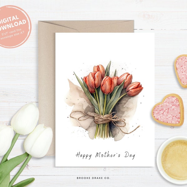 Happy Mothers Day Card, Printable Greeting Card, Instant Digital Download PDF, DIY Envelope, Watercolour Tulips, Floral