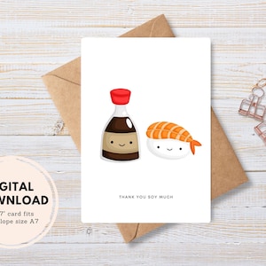 Bedankt voor de soja-wenskaart, instant digitale download pdf, doe-envelop, kawaii sushi