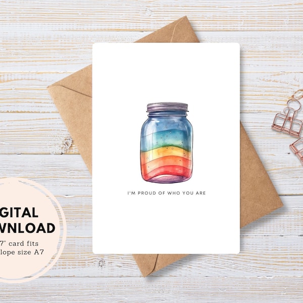Printable Pride Greeting Card, I'm so Proud of Who You Are, Instant Digital Download PDF, DIY Envelope, Watercolour Rainbow