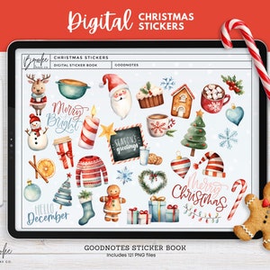 Christmas Digital Stickers for Goodnotes, December Winter Holiday Digital Stickers, Watercolour Stickers, Xmas PNGs
