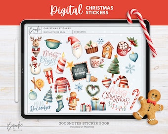 May include: A digital sticker book with 121 PNG files for Goodnotes. The stickers feature watercolor illustrations of Christmas-themed objects, including a snowman, a gingerbread house, a candy cane, a Christmas tree, and a Santa Claus.
