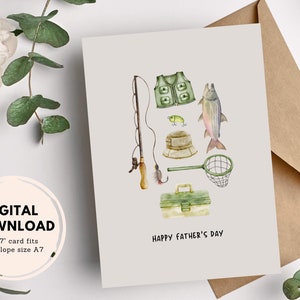 Carte de fête des pères heureuse, carte de voeux imprimable, PDF à téléchargement numérique, enveloppe bricolage, engins de pêche aquarelle mignon